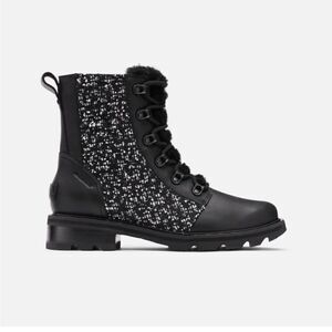 Sorel Explorer II Joan black leather lace up combat boots shearling lined 10